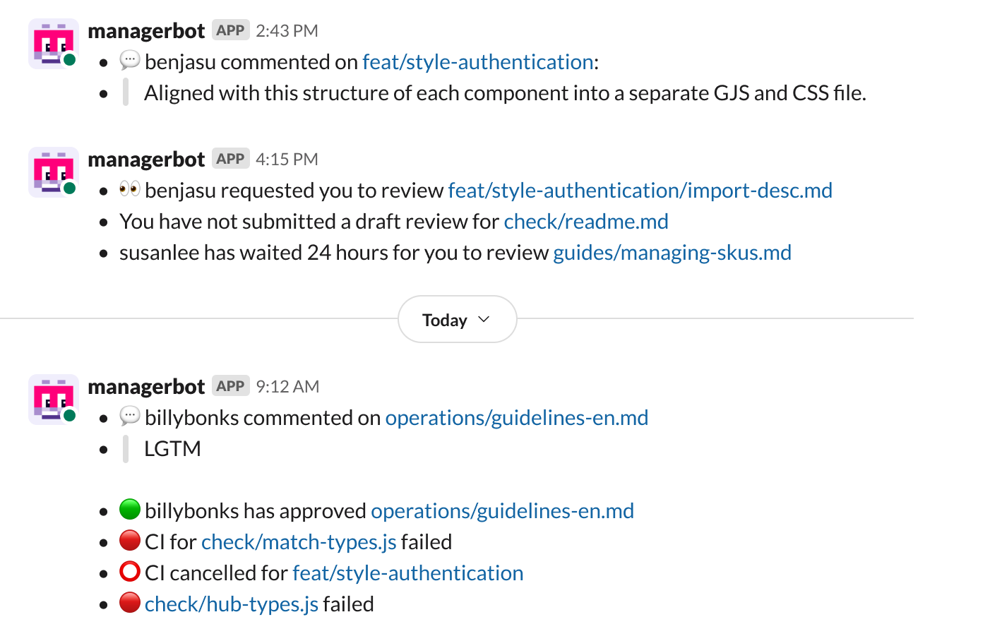 Slack notification showing pull request reminder